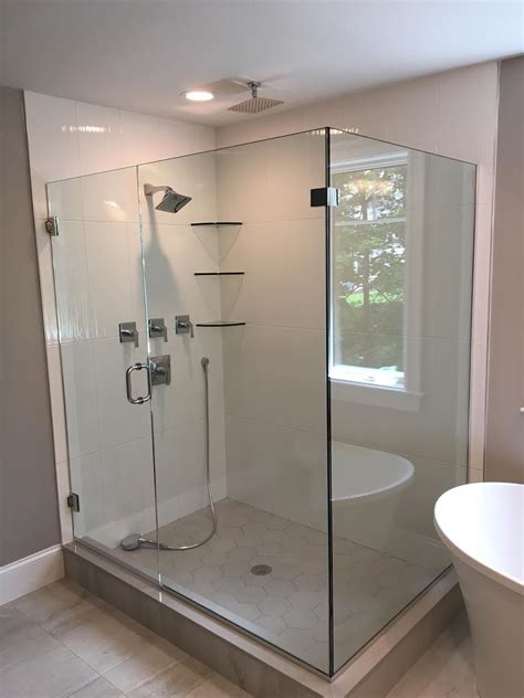Corner Shower With Clear Glass Against White Tile Franklin Glass Company