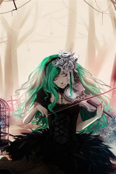 Wallpaper Blue Hair Anime Girl Playing Violin Flowers Trees
