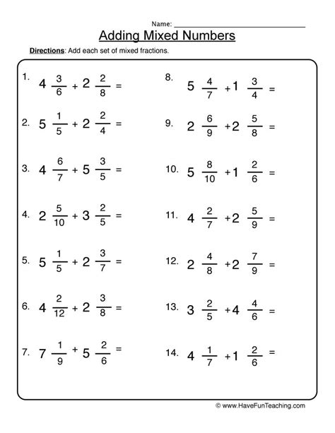 Adding Fractions Mixed Numbers Improper Ractions Worksheet