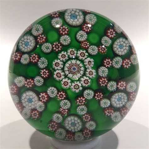 Rare Antique Baccarat Art Glass Paperweight Millefiori Garland On Green Ground Glass
