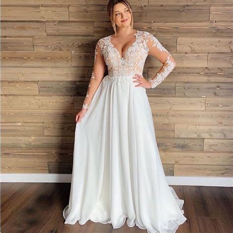 cw236 plus size v neck lace appliques long sleeves wedding gown simple wedding dress country