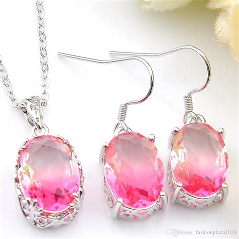 Luckyshine Tourmaline Silver Pink Colour Necklace Set With Oval