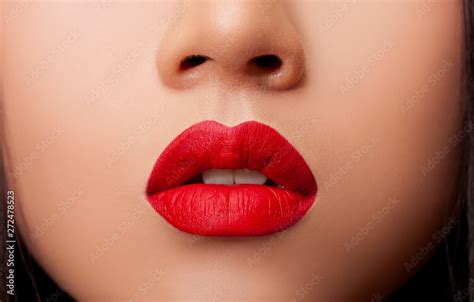 Sexy Sensual Red Lip Mouth Open Red Matte Lips Close Up Beautiful Lips Portrait Fashion
