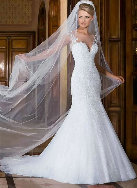 Cap Sleeve Wedding Dress Mermaid Lace White Wedding Gowns With Long Veil Illusion Back Neck