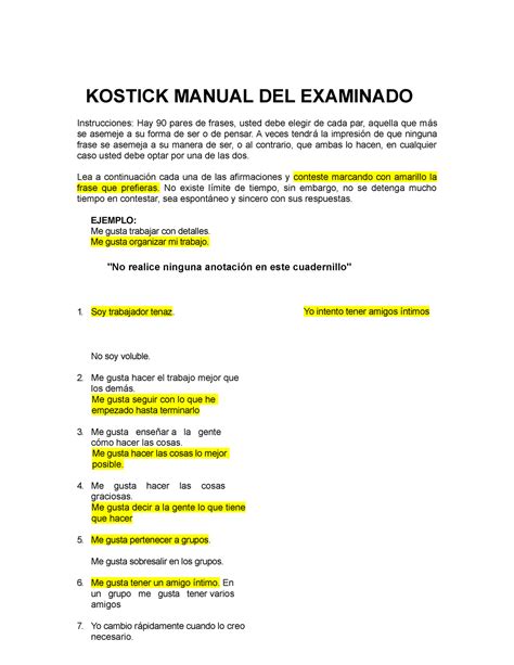 1 Cuestionario Kostick A Lo Largo Del Tiempo Kostick Manual Del