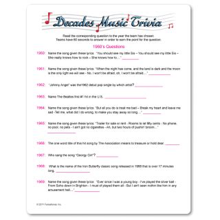 Printable Decades Music Trivia | Music trivia, Music ...