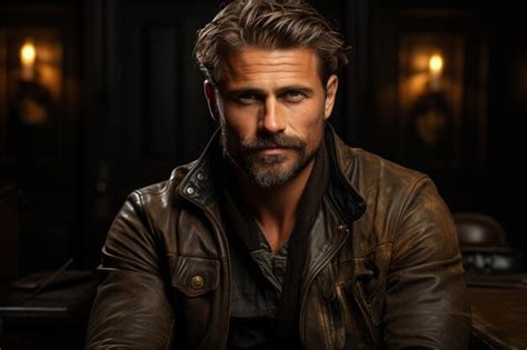 Premium AI Image Serious Handsome Bearded Man In Leather Jacket