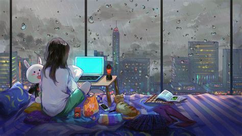 1920x1080 Anime Girl Room City Cat Laptop Full Hd 1080p Hd 4k Wallpapers Images Backgrounds