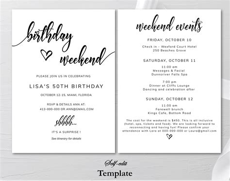 Printable Birthday Itinerary Template Editable Birthday Etsy
