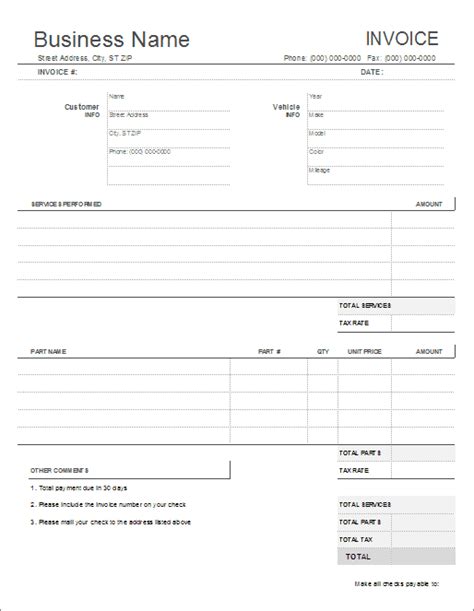 blank auto repair invoice invoice template invoice