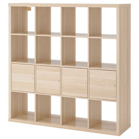 Place it on the floor, mount it on a wall or turn it into a desk to transform your living area. KALLAX Shelving unit with 4 inserts - white stained oak effect - IKEA