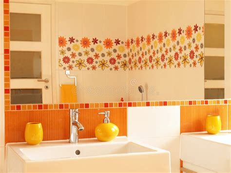 Modern Bathroom With Flower Decor Tiles Stock Image Image Of Home