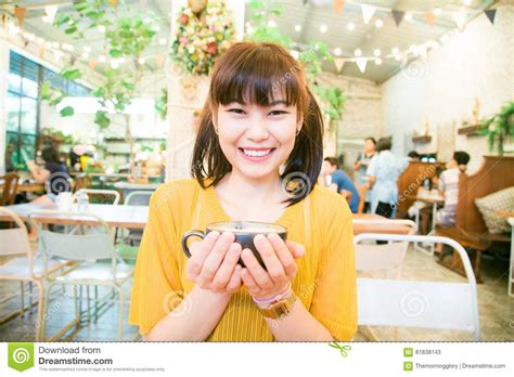 Smiling Asian Women Sitting In Art Coffee Shop Stock Image Image Of Light Alone 81838143