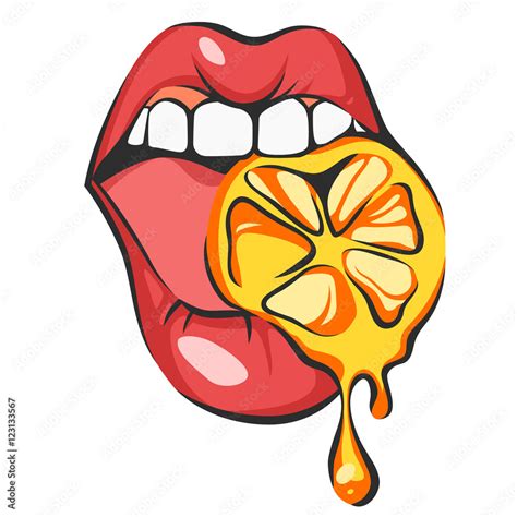 Sexy Lips With Juicy Orange Pop Art Mouth Biting Citrus Close Up View