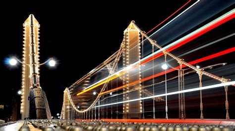 Awesome Bridge Long Exposure Road Lights Night Bolts Hd Wallpaper