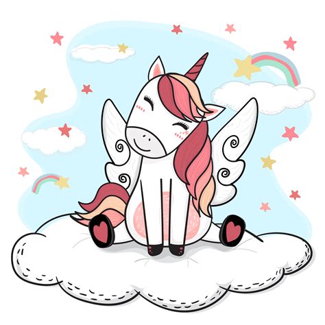 Cute Drawing Happy Smile Unicorn In Pink With Angle Wing Sit On Fluffy