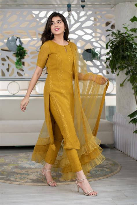 Mustard Kurta With Ruffle Dupatta Stylish Dresses Stylish Dress Designs Indian Fashion Dresses