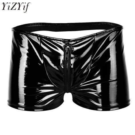 Yizyif Black Mens Lingerie Shiny Patent Leather Metallic Open Butt