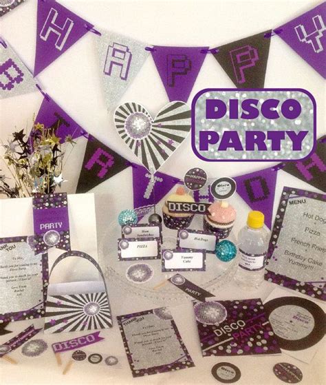 Disco Party Birthday Diy Printable Kit Sliver And Purple Etsy Disco