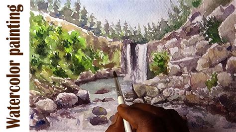 Beautiful Waterfalls With Rocks Watercolor Painting Waterfalls