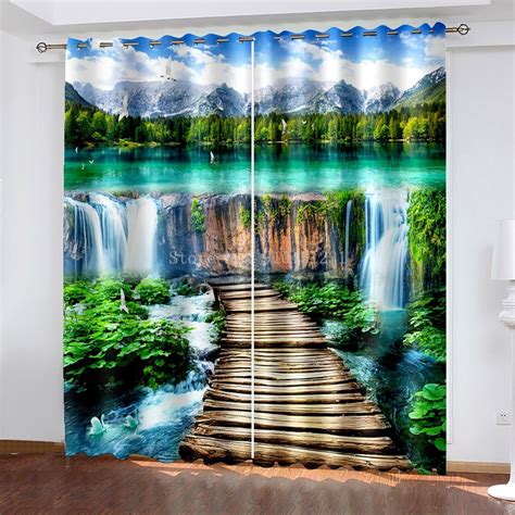 Landscape Blackout Curtain Cave Waterfall Living Room Bedroom Photo