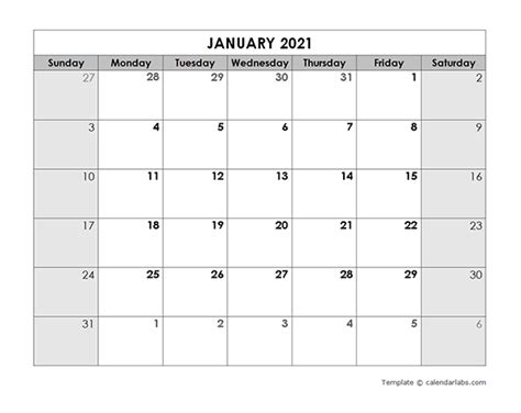Editable Monthly Calendar Template 2021