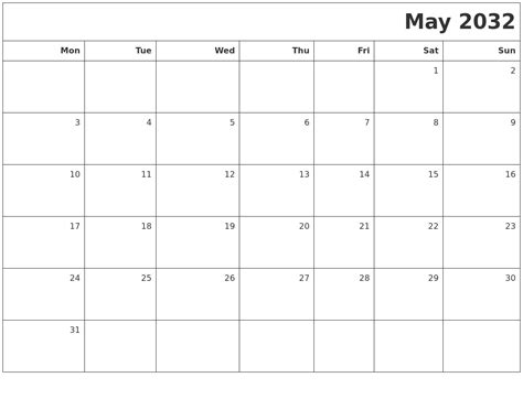 May 2032 Printable Blank Calendar