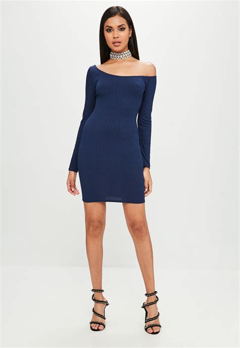 Missguided Synthetic Carli Bybel X Navy Long Sleeve Ribbed Dress In Blue Lyst