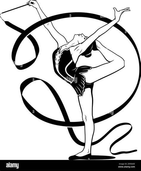 rhythmic gymnastics girl with ribbon vector ink style outline drawing shadow and ribbon are