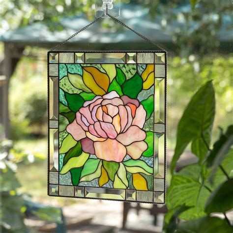 Pink Peony Stained Glass Window Hanging Panel For Home Decor