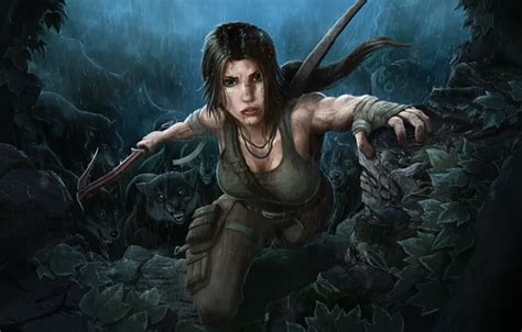 Wallpaper Girl Rain Brunette Tomb Raider Beauty Lara Croft For