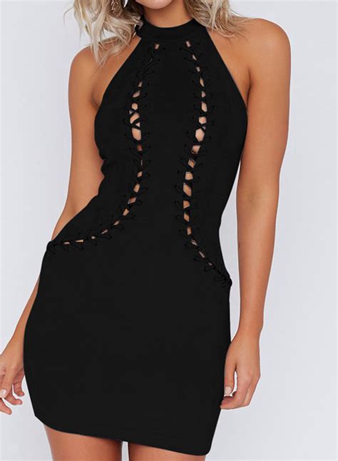 Fashion Solid Halter Sleeveless Lace Up Women Bodycon Dress With Zip