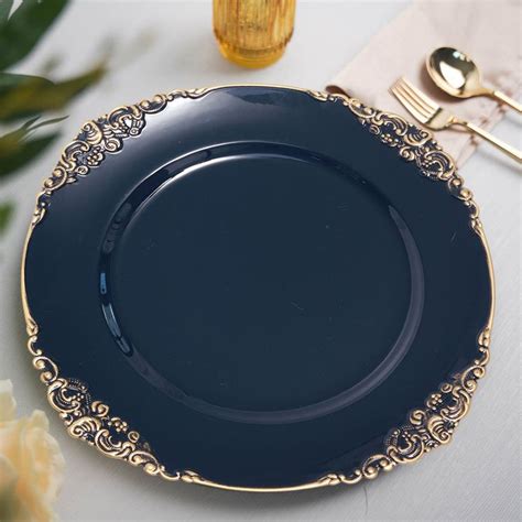 Pack Navy Blue Leaf Embossed Baroque Charger Plates Round With Antique Gold Rim