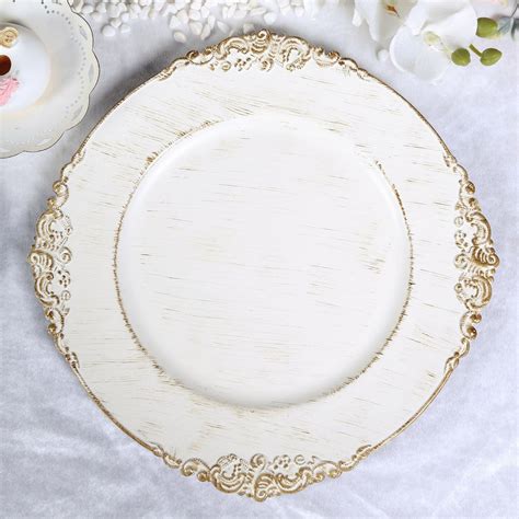Efavormart Pack White Round Baroque Charger Plates Leaf Embossed Antique Gold Rim For