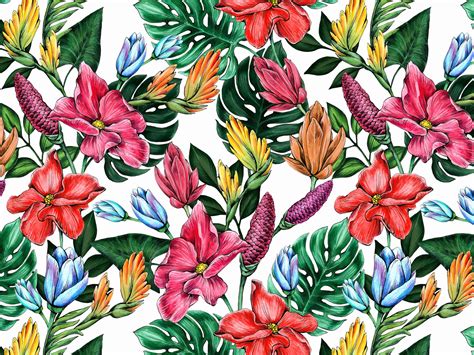 Seamless Floral Pattern Of Tropical Flowers And Leaves By Anna On Dribbble