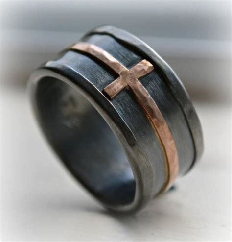 Mens Cross Wedding Band Rustic Hammered Cross Ring Oxidized Fine Silver Sterling Copper Ring Handmade Christian Wedding Band Jesus 