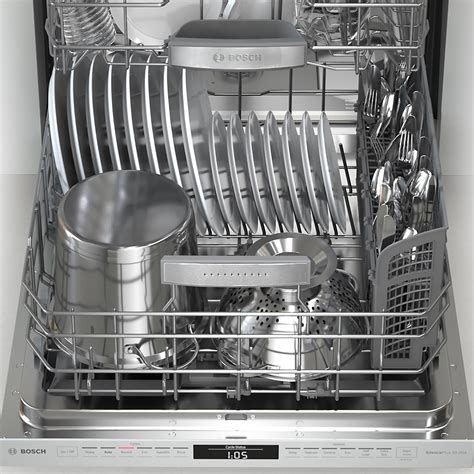 Bosch's standard third rack system includes a third rack at the top of the dishwasher designed for silverware and cooking utensils. Bosch 800 Dishwasher MyWay 3 rack loaded - Angela Ricardo