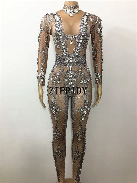 Silver Sparkly Crystals Jumpsuits Long Sleeves Big Stones Bodysuit Performance Party Celebrate