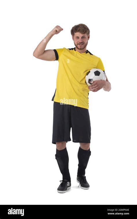 Soccer Player Is Holding Ball Showing Muscle Holding Fist Celebrating