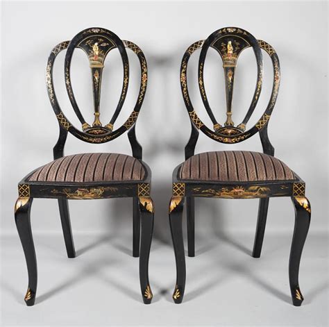 Lot Pair Of English Chinoiserie Decorated Black Lacquer Side Chairs