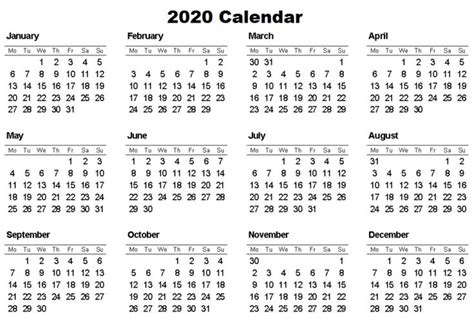 Free Printable 12 Month 2020 Calendar Template Word Excel Pdf Free