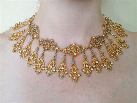 Egyptian Revival Turquoise Glass Fringe Bib Necklace Art Deco
