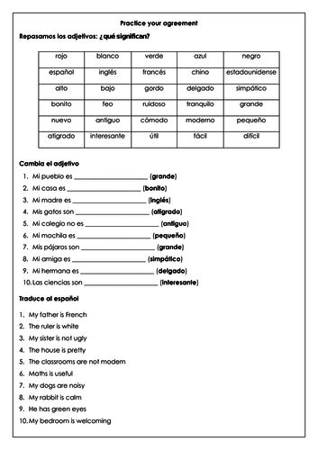 Spanish Adjective Revision Translation And Writing Practice With A