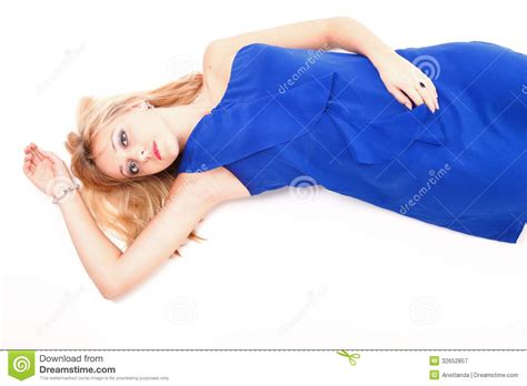 Woman Lying Lovely Girl In Blue Dress Over White Stock Image Image Of Happy Beautiful 32652857