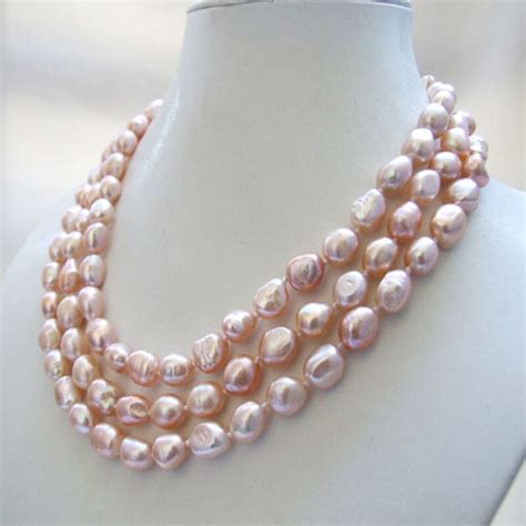 3 Strands Genuine Natural Pink Baroque Freshwater Pearl Necklace 8 9mm
