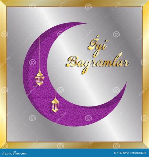 Turkish Eid Greeting Card With Silver And Gold Crescent Moon Stock