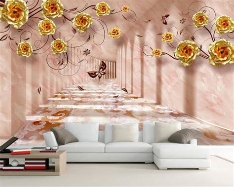 Beibehang 3d Wallpaper Stereo Space Golden Rose Romantic Tv Sofa