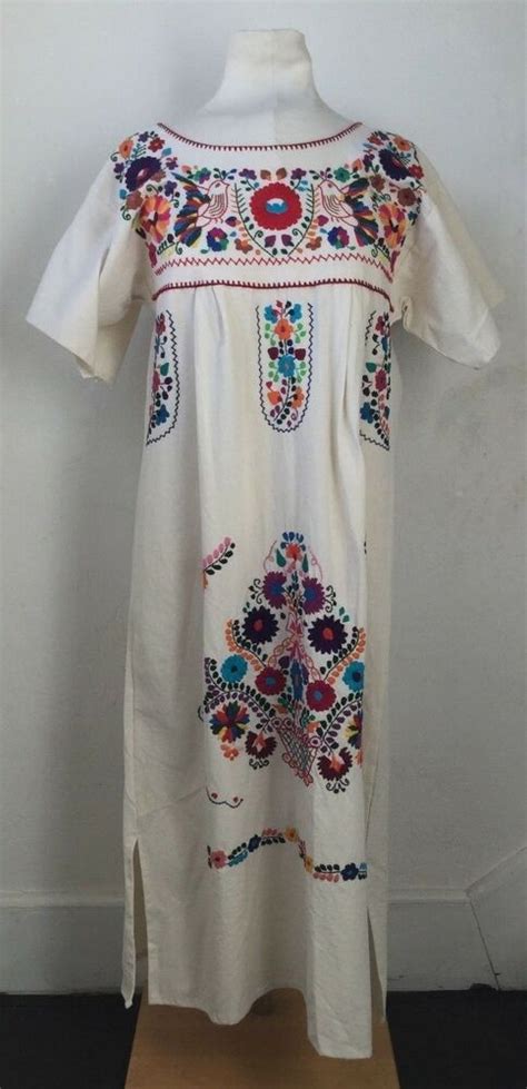 details about mexican dress huipil s ivory manta hand embroidered colorful flowers oaxacan