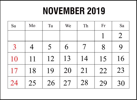 November 2019 Printable Calendar Template Calendar Printables