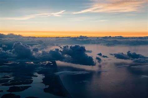 Sky Clouds Sunset Horizon Travel Aerial View Flying Ocean